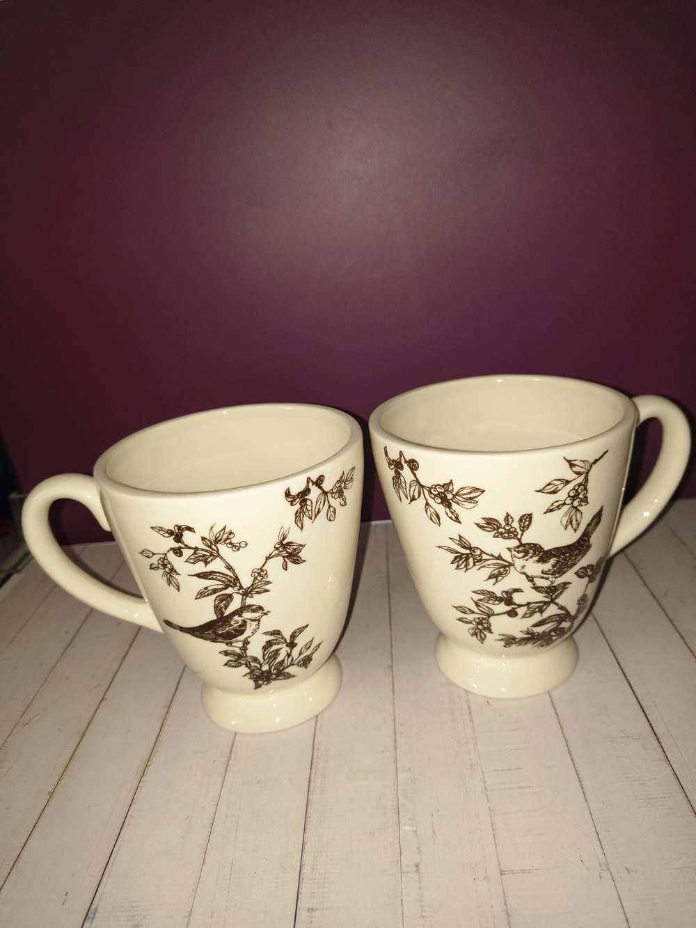 Andrea By Sadek Cream Ceramic Mugs with Brown Bird Design - Set of 2